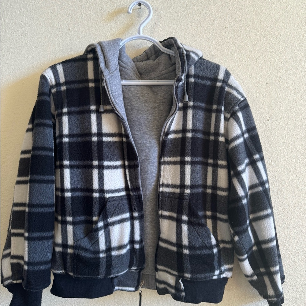 Reversible zip-up hooded sweatshirt. Youth size 8